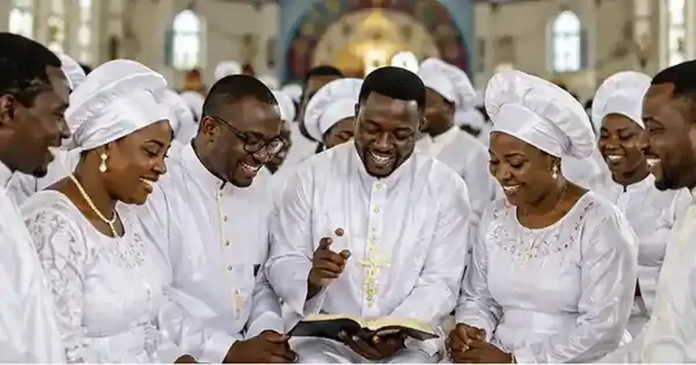 Celestial Church members in white prayer garments studying the Bible together in a worldwide Christian community