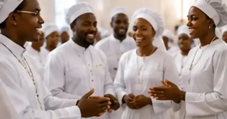 Celestial Church fellowship members in white prayer garments encouraging one another in a small group