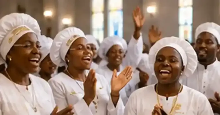 Celestial Church worshippers in white prayer garments celebrating fellowship and global connection