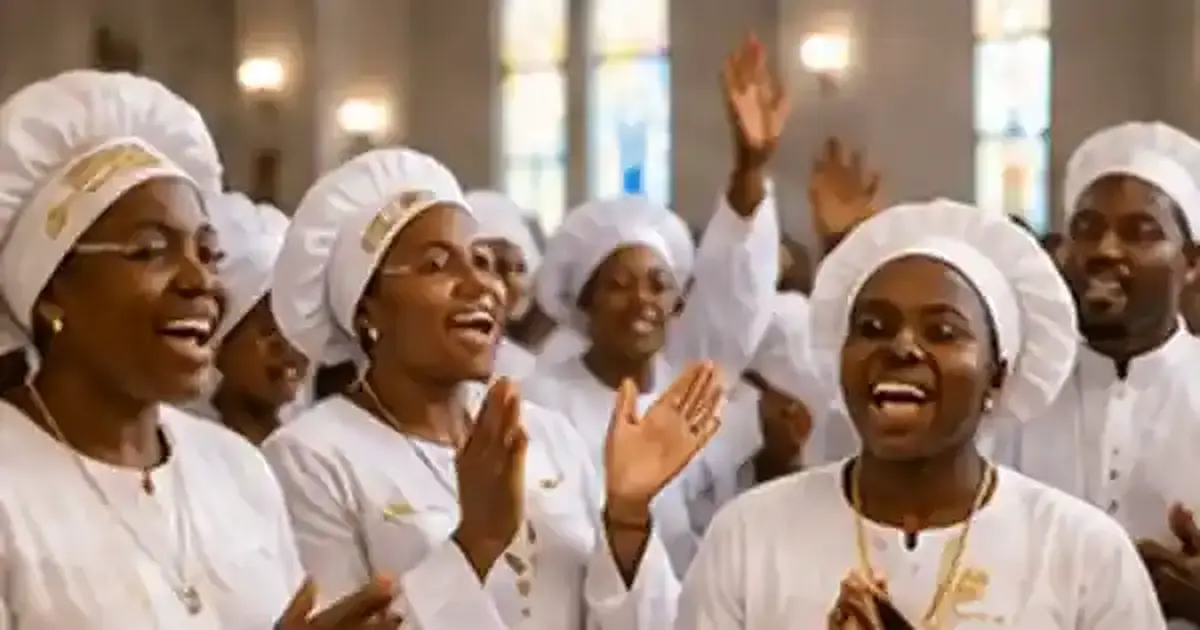 Celestial Church worshippers in white prayer garments celebrating fellowship and global connection