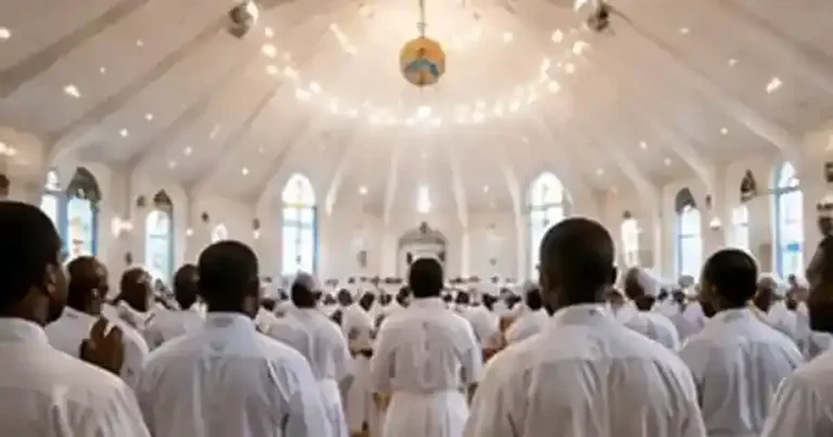 Celestial Church congregation in white prayer garments worshipping in a bright sanctuary