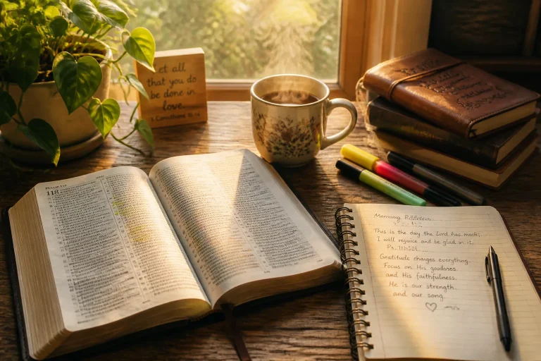 Open Bible on a rustic table with notes and highlighters, sunlight illuminating a steaming cup of tea, vintage notebook, and vibrant plant.