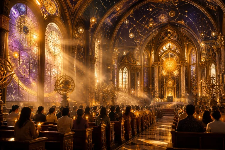 Worshippers gather in a celestial-themed church filled with golden light from stained glass windows, casting amber and violet hues across wooden pews