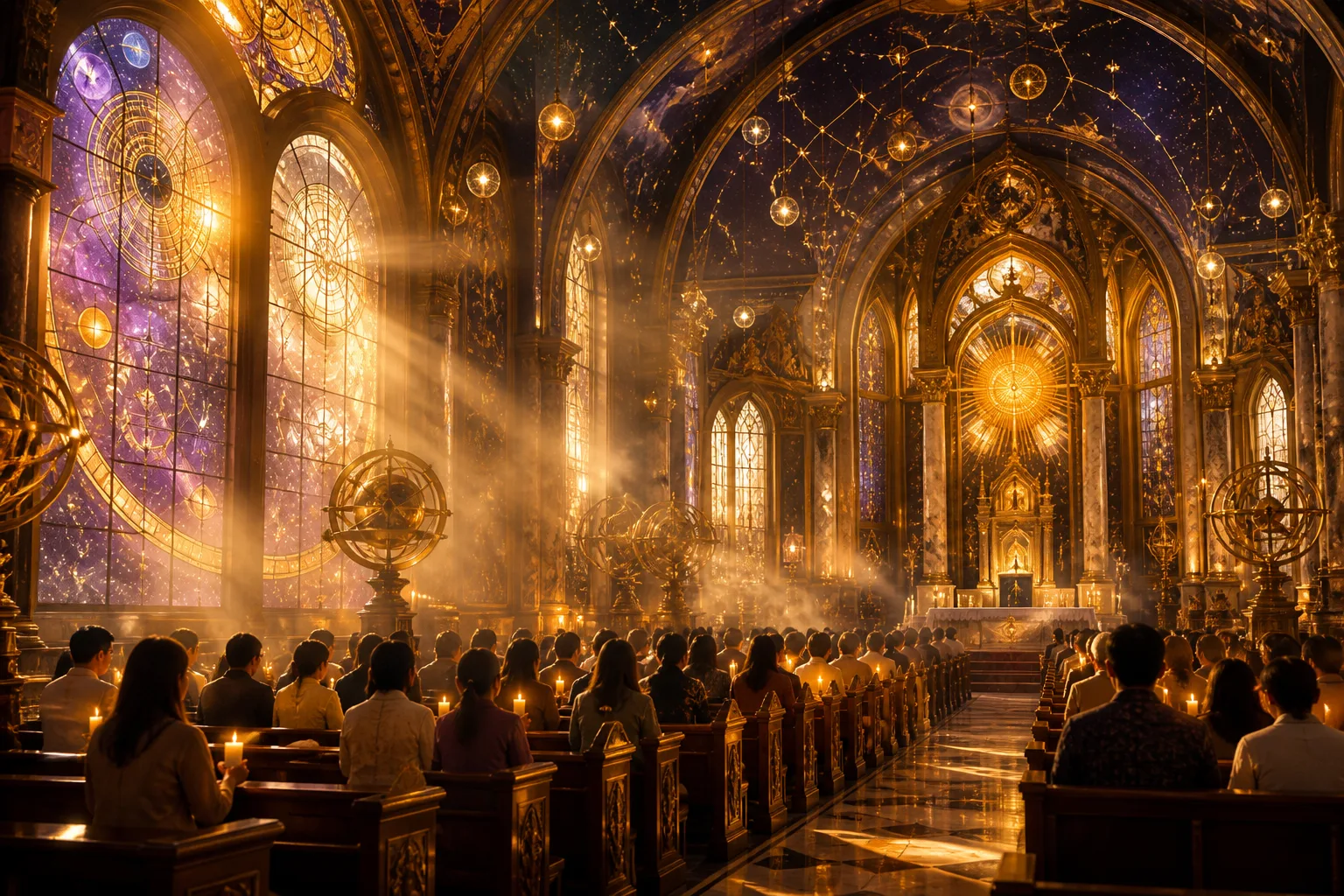 Worshippers gather in a celestial-themed church filled with golden light from stained glass windows, casting amber and violet hues across wooden pews
