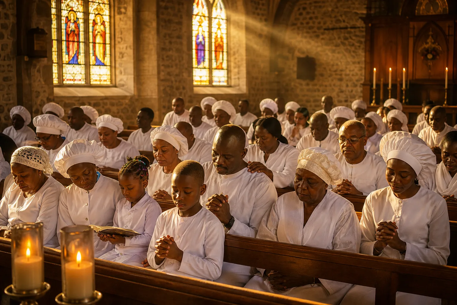 Diverse congregation prays together in sunlit wooden church sanctuary, hands clasped in unity as warm golden light streams through stained glass windo