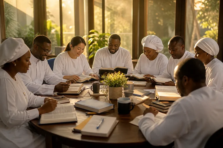 Diverse adult students sit in a circle studying Bibles in a sunlit classroom, their faces showing peaceful concentration and gentle smiles during a fa