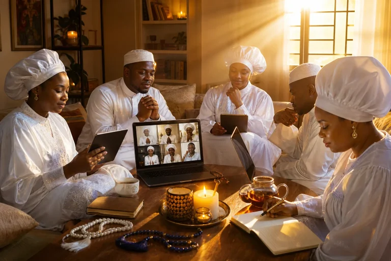 Diverse group gathered around glowing devices in candlelit room, faces peaceful during virtual prayer circle bathed in warm sunlight.