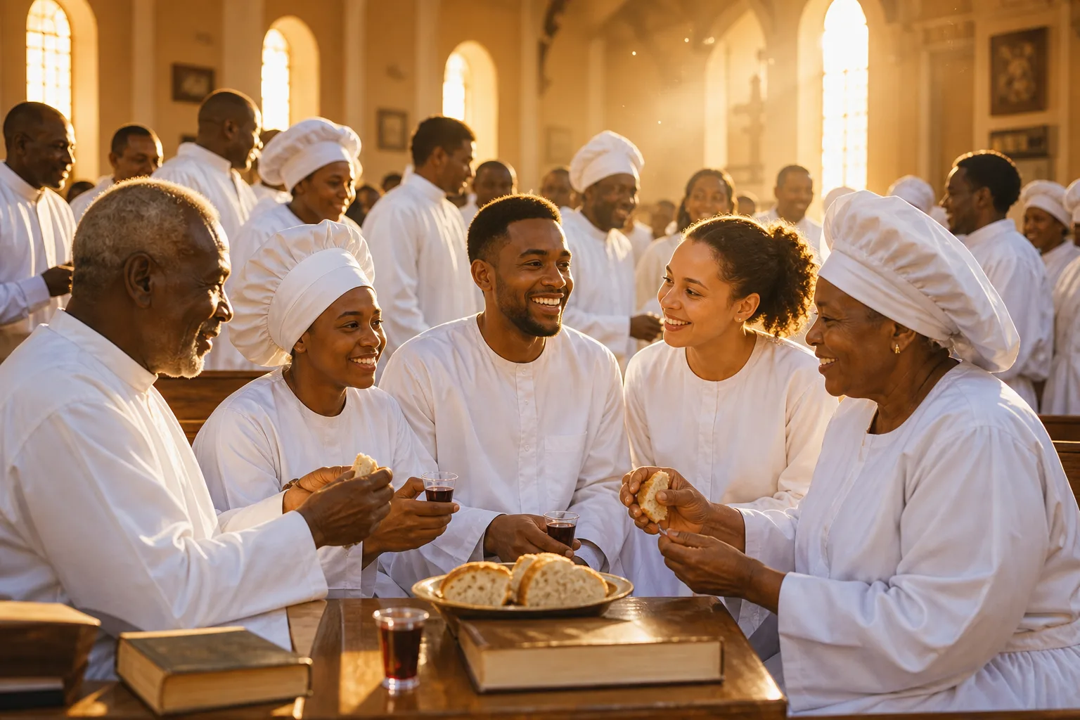 Diverse group of Christians in a sunlit sanctuary sharing communion and fellowship, with golden light streaming through arched windows illuminating th