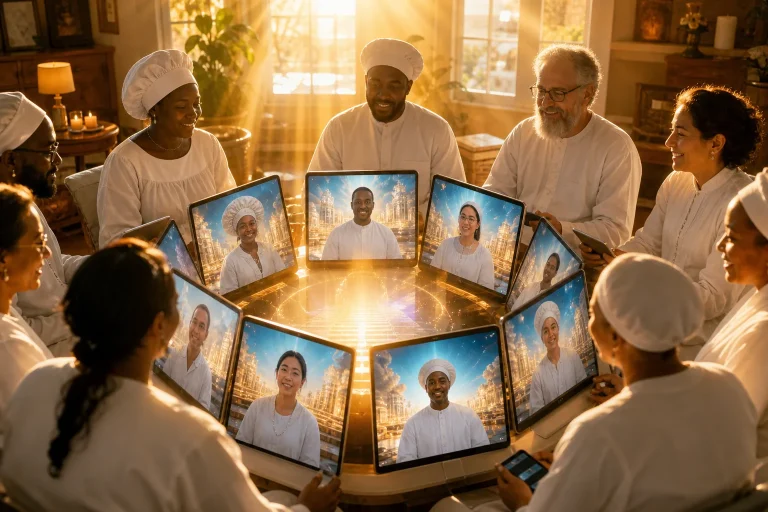 Global video call with diverse participants on glowing screens arranged in circle, faces illuminated by warm golden light, expressing connection and s