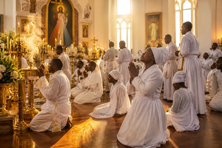 Devotees in white garments pray peacefully in a sunlit sanctuary, with candles, flowers, and incense smoke creating an atmosphere of spiritual reveren