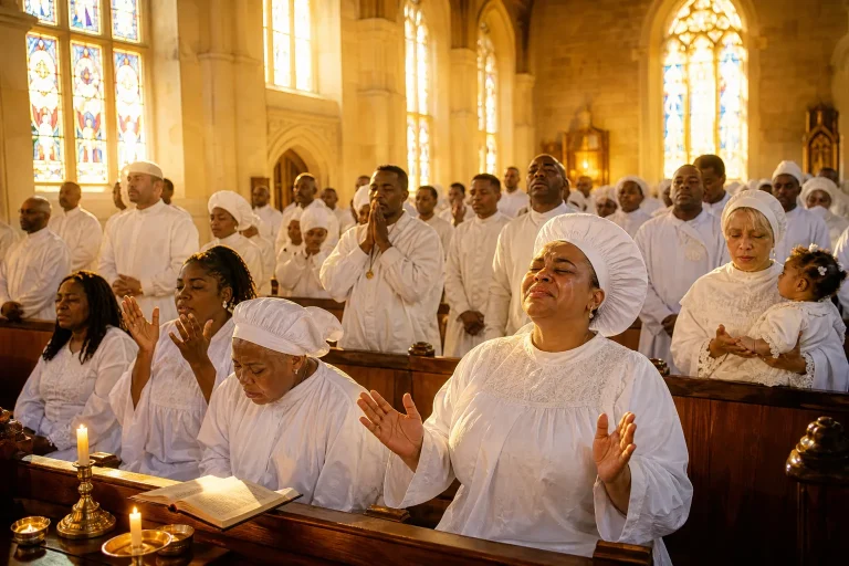 Diverse congregation in sunlit sanctuary with hands clasped in prayer, warm amber light filtering through stained glass windows, wooden pews and candl