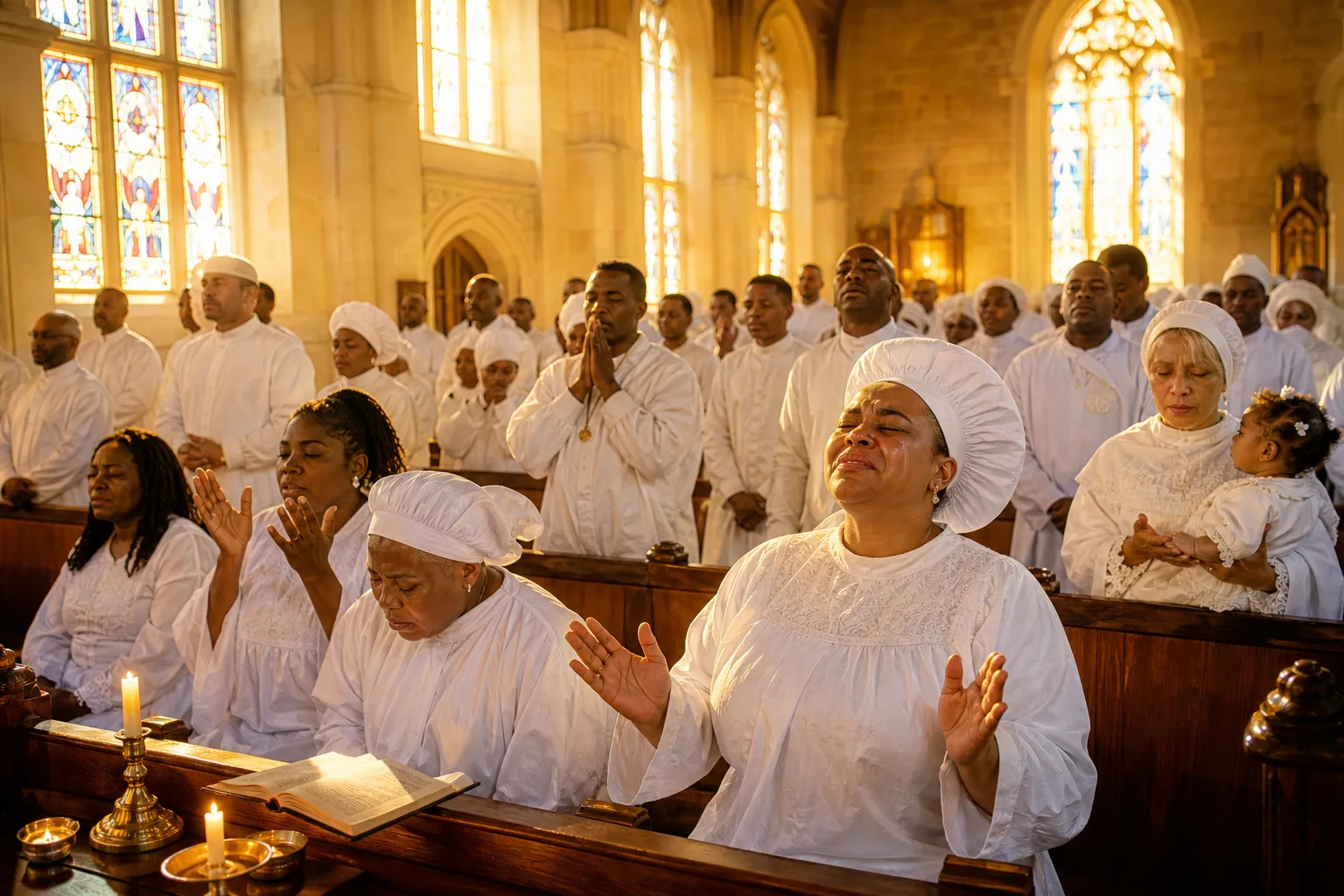 Diverse congregation in sunlit sanctuary with hands clasped in prayer, warm amber light filtering through stained glass windows, wooden pews and candl