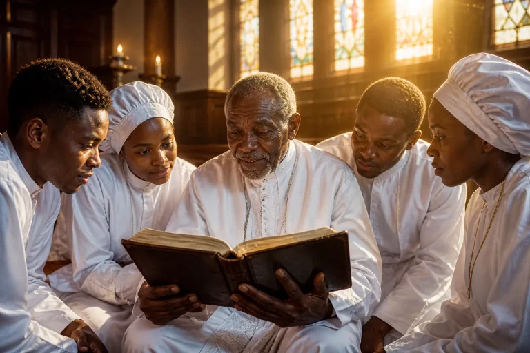 Elderly pastor holding open Bible teaches younger believers in candlelit church, golden sunlight through stained glass illuminating their attentive fa
