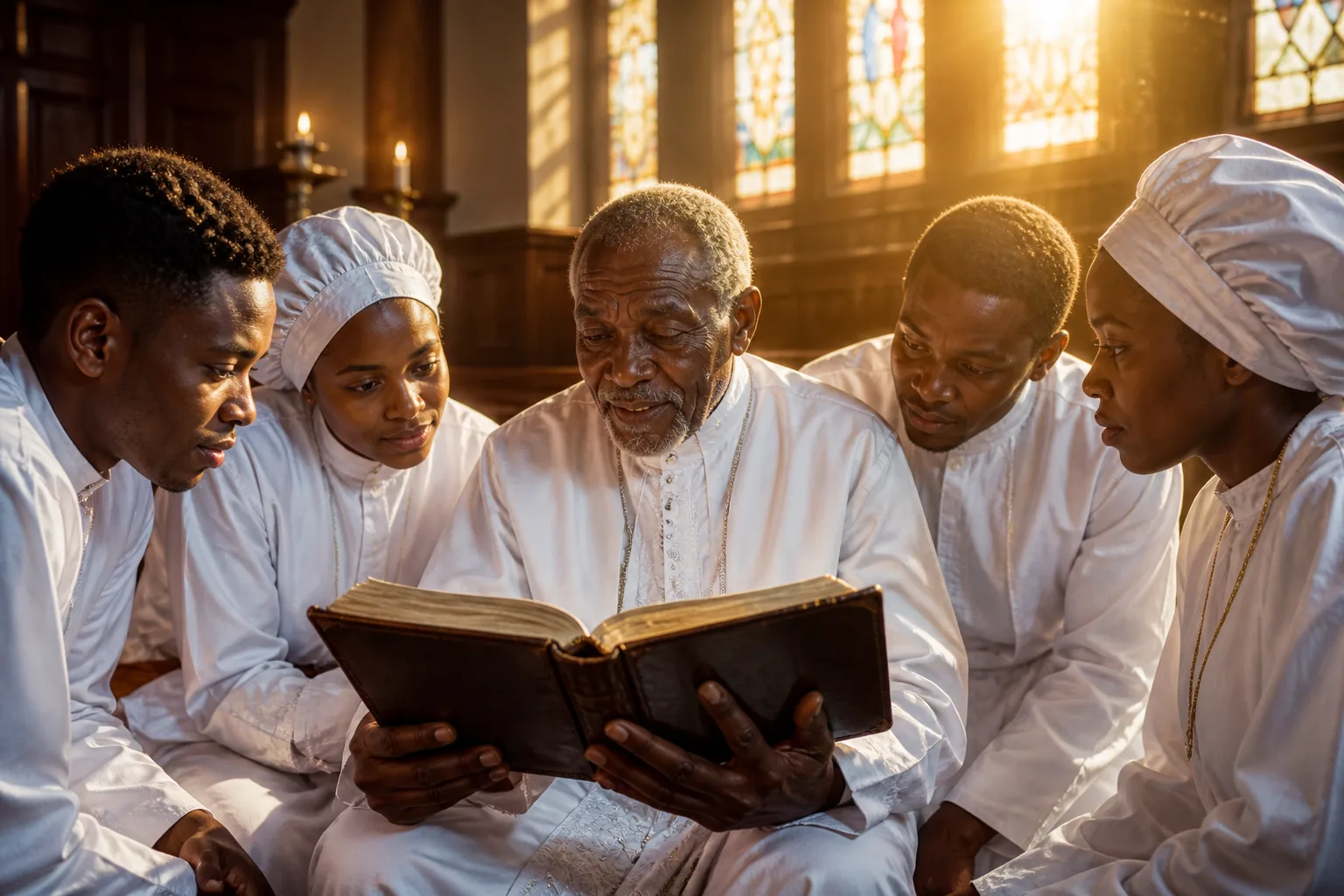 Elderly pastor holding open Bible teaches younger believers in candlelit church, golden sunlight through stained glass illuminating their attentive fa